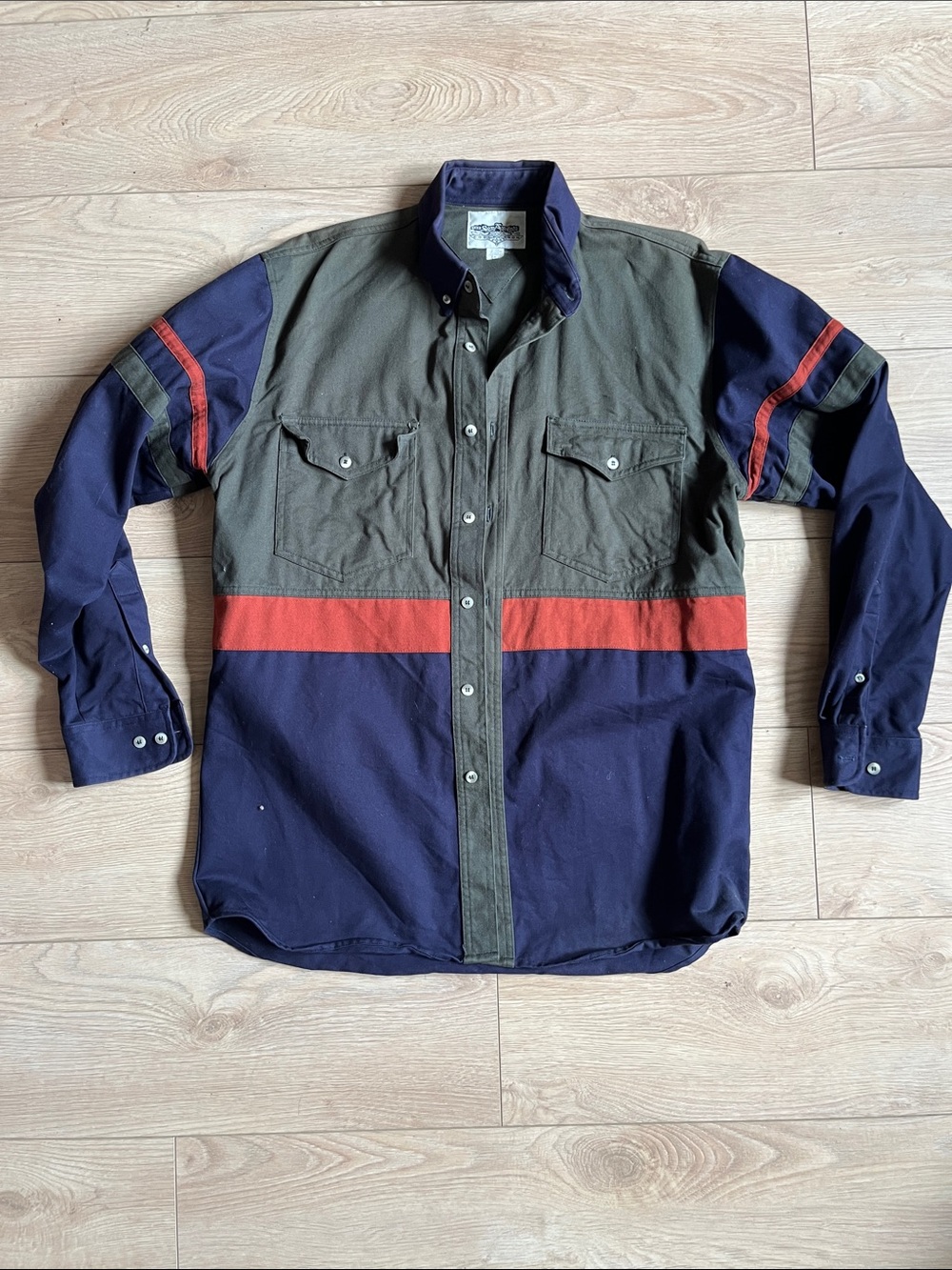Colorblock Button-Up Shirt with Red Stripe